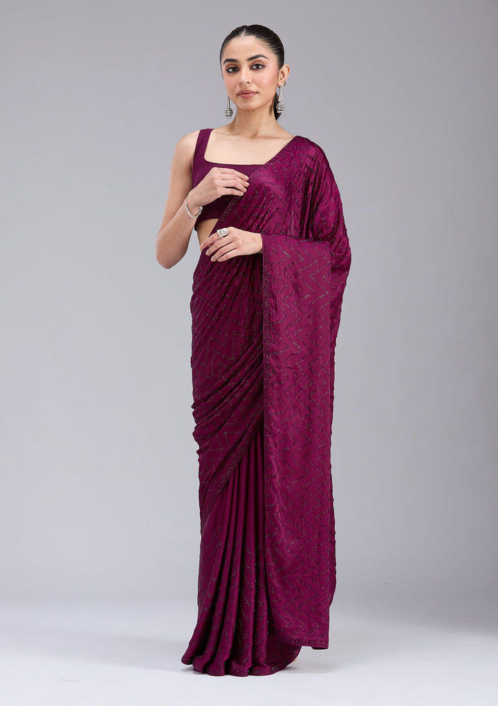 Wine Stonework (Silver) Organza Saree_koskii