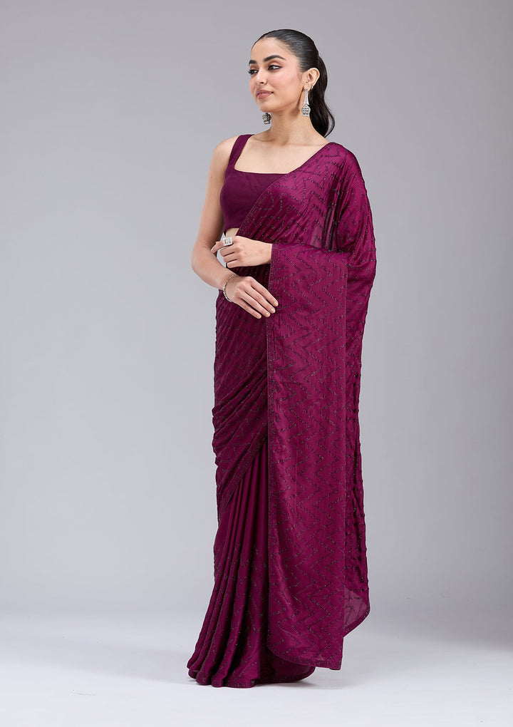 Wine Stonework (Silver) Organza Saree_koskii