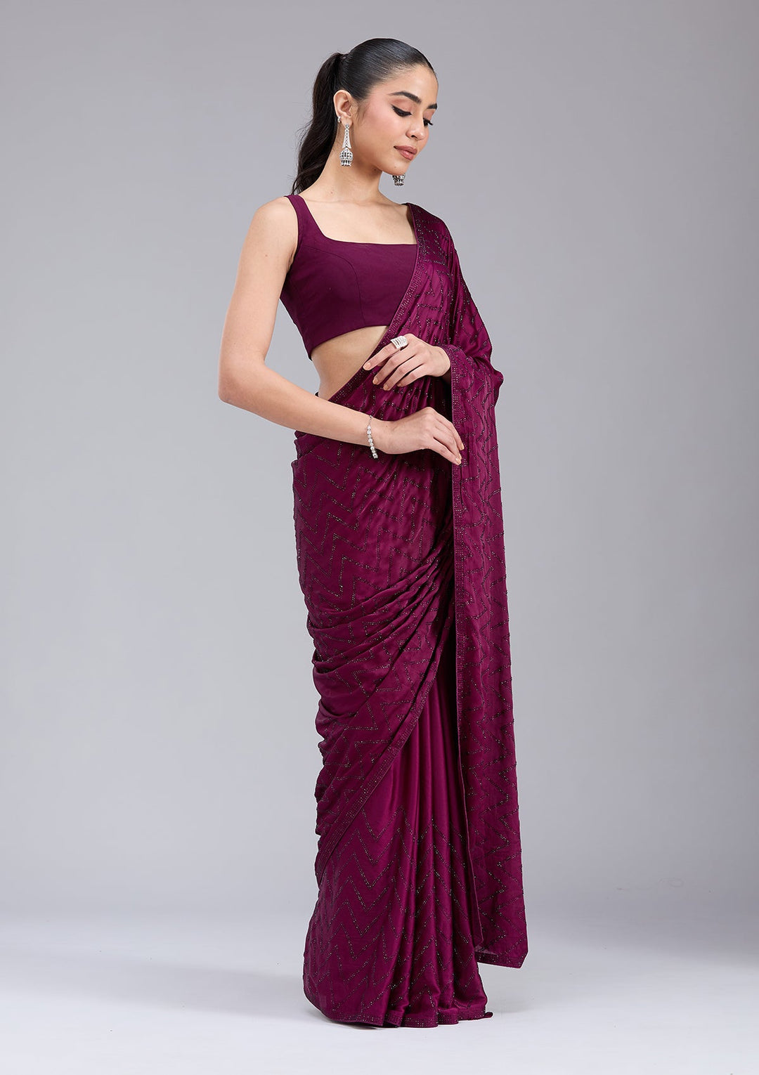 Wine Stonework (Silver) Organza Saree_koskii