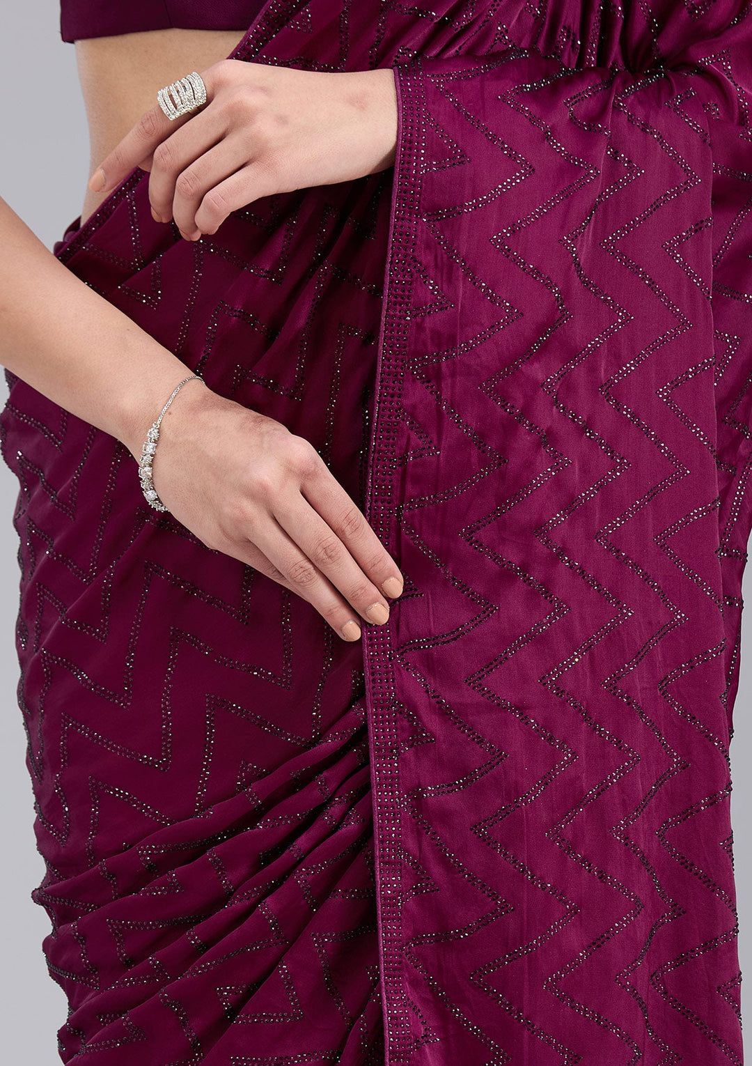 Wine Stonework (Silver) Organza Saree_koskii