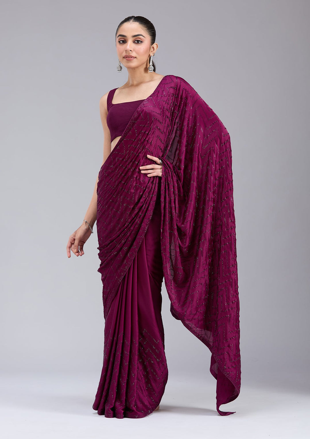 Wine Stonework (Silver) Organza Saree_koskii