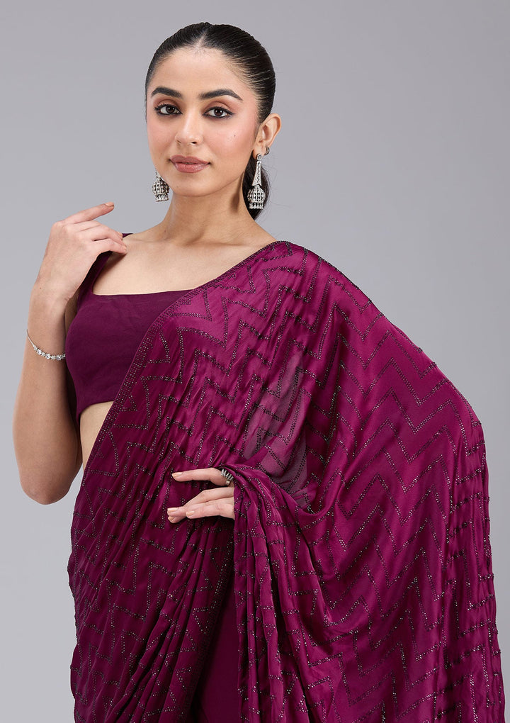 Wine Stonework (Silver) Organza Saree_koskii