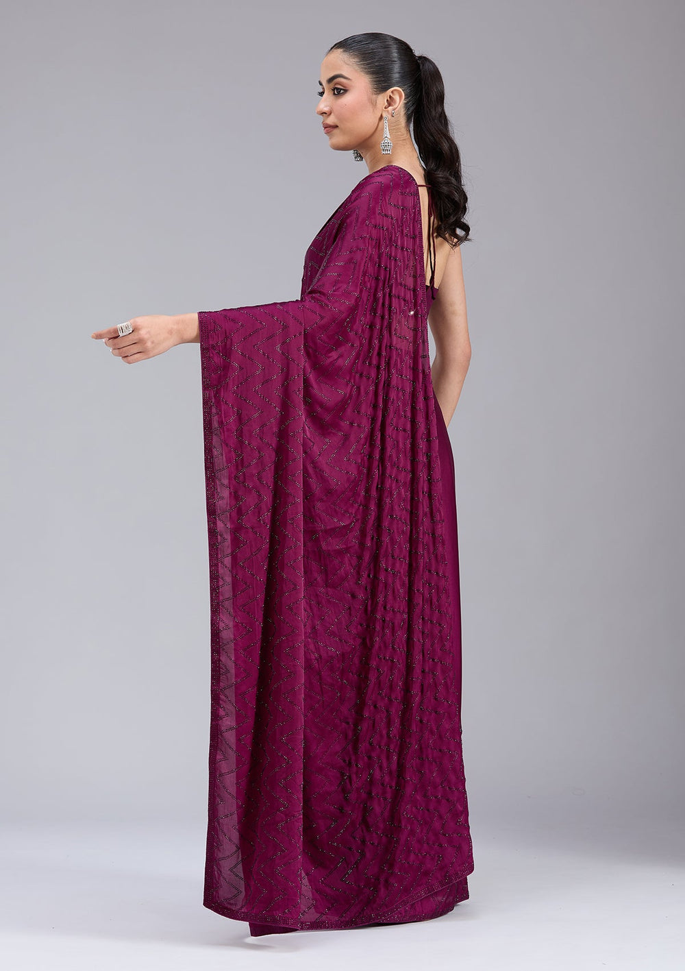 Wine Stonework (Silver) Organza Saree_koskii