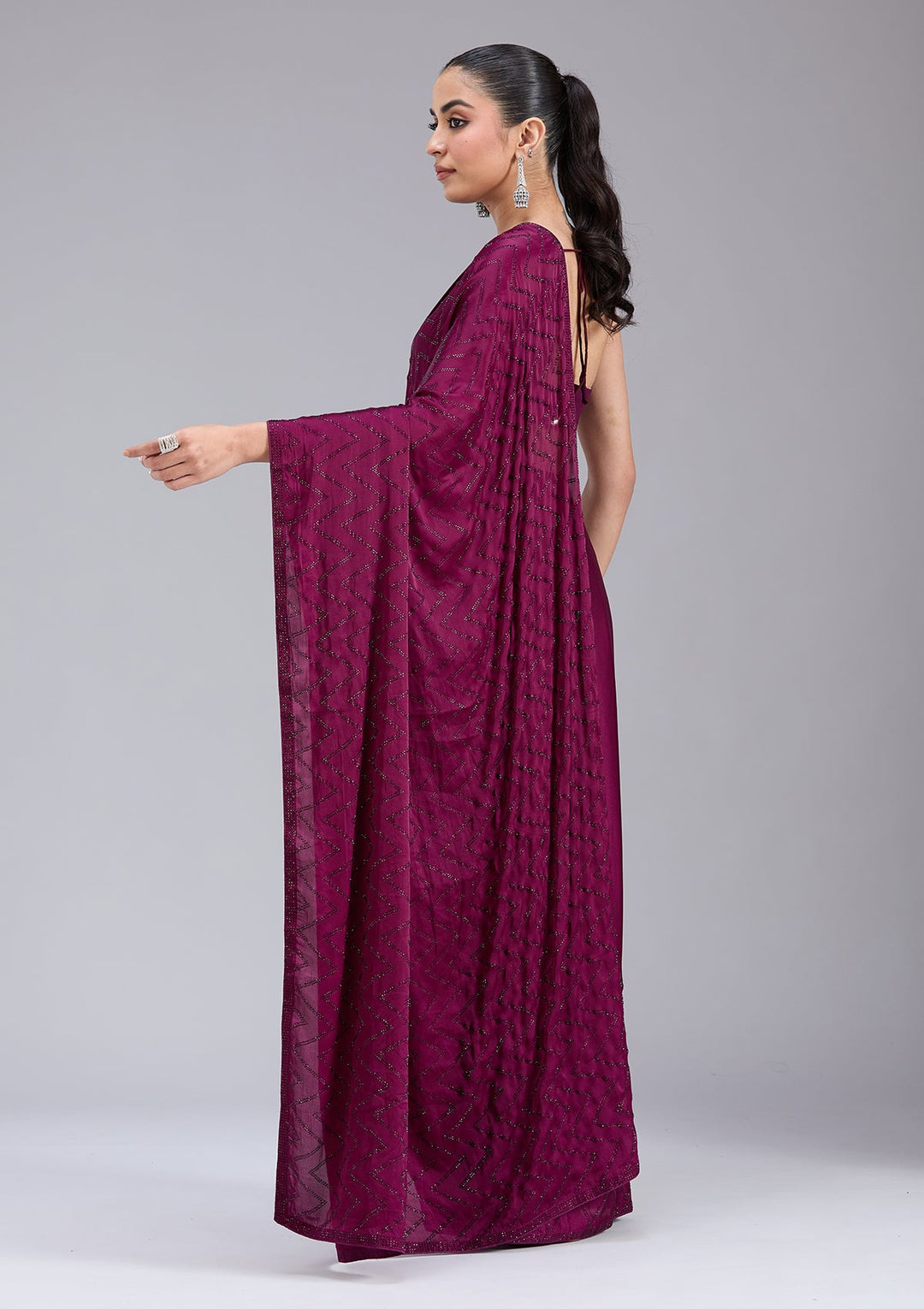 Wine Stonework (Silver) Organza Saree_koskii