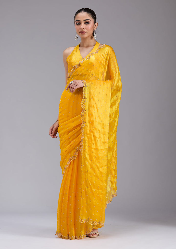 Mustard Stonework (Gold) Tissue Saree_koskii