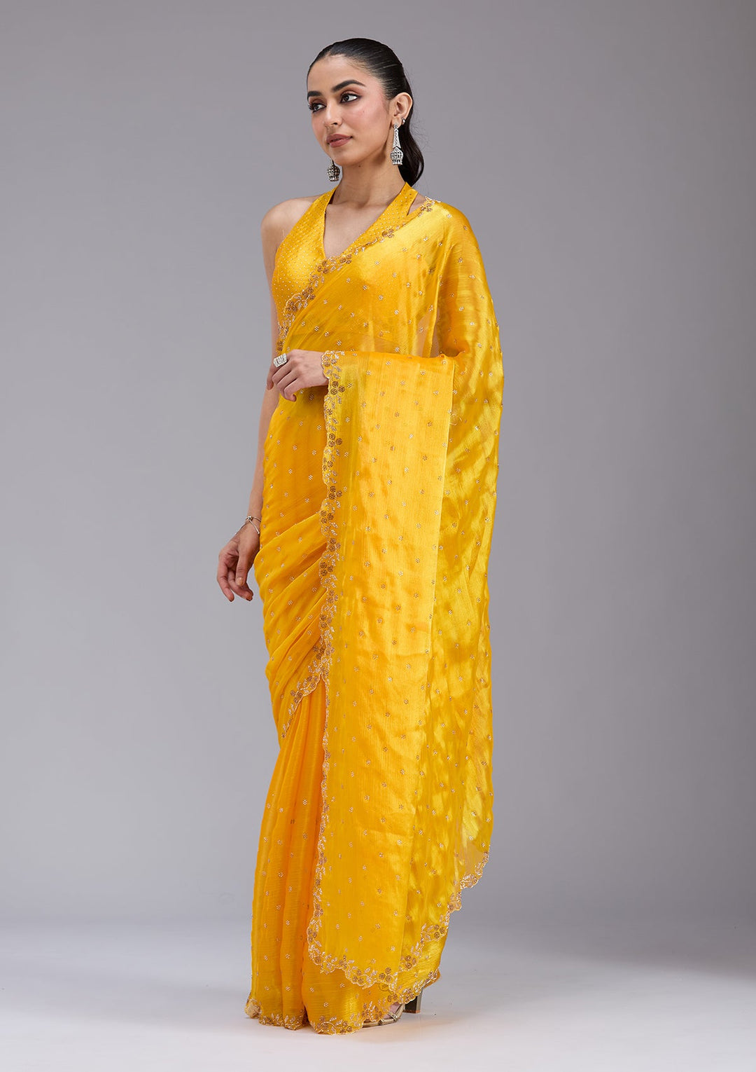 Mustard Stonework (Gold) Tissue Saree_koskii