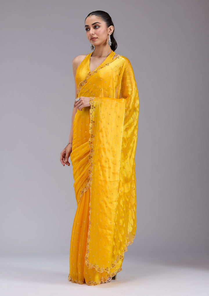 Mustard Stonework (Gold) Tissue Saree_koskii