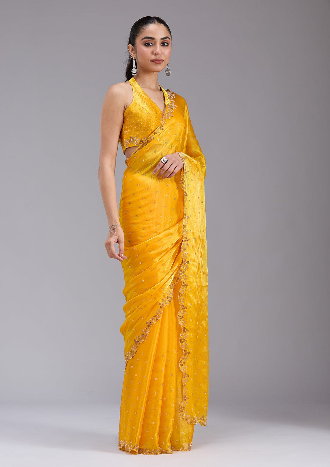 Mustard Stonework (Gold) Tissue Saree_koskii