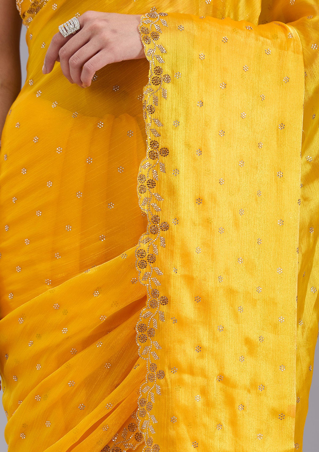 Mustard Stonework (Gold) Tissue Saree_koskii
