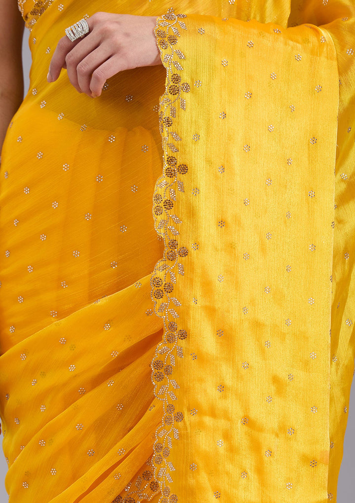 Mustard Stonework (Gold) Tissue Saree_koskii