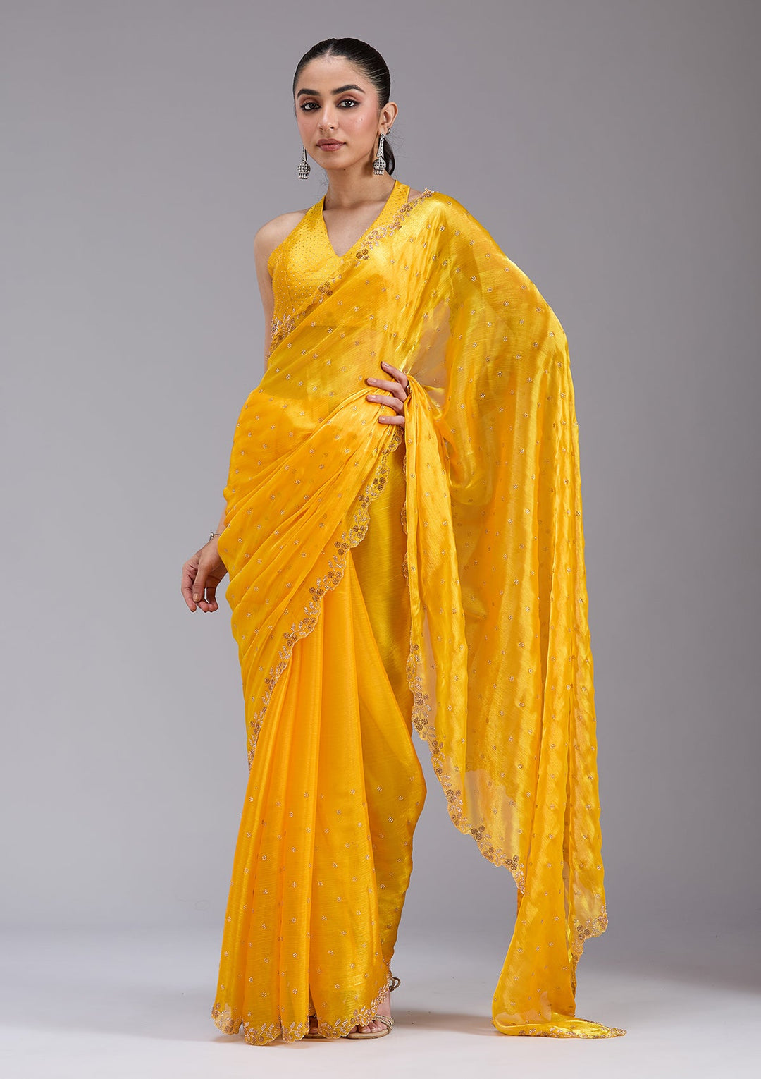 Mustard Stonework (Gold) Tissue Saree_koskii