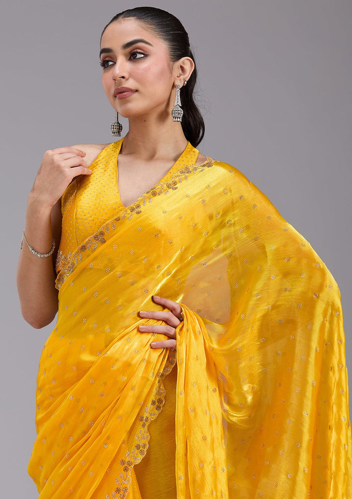 Mustard Stonework (Gold) Tissue Saree_koskii