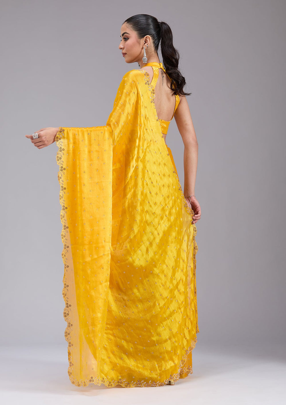 Mustard Stonework (Gold) Tissue Saree_koskii