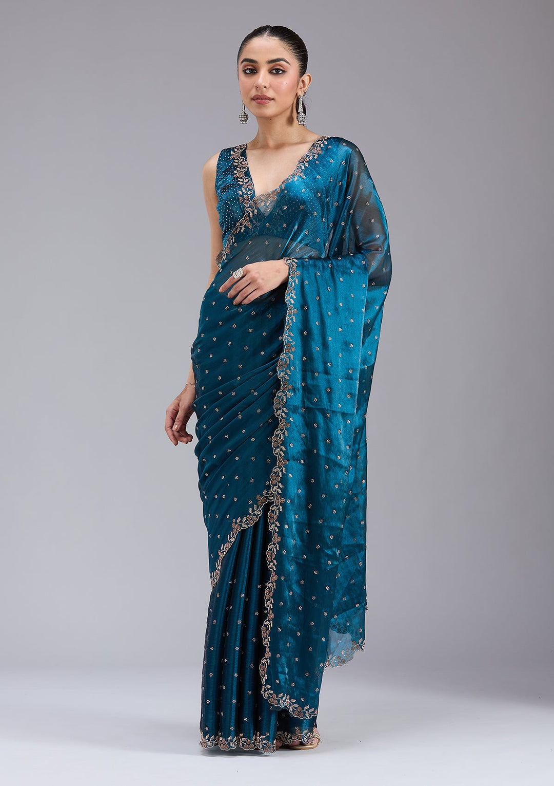 Peacock Blue Stonework (Gold) Tissue Saree_koskii