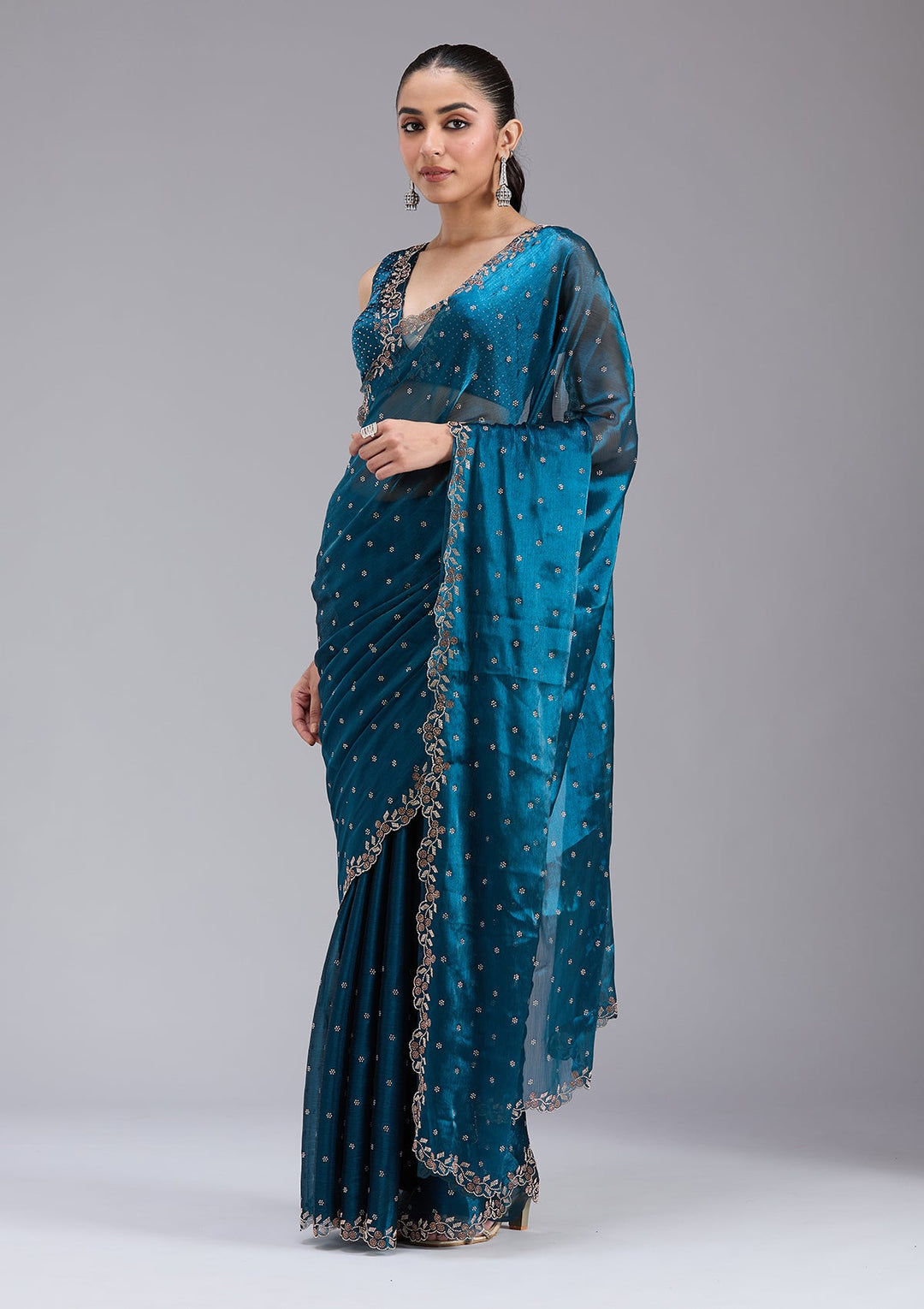 Peacock Blue Stonework (Gold) Tissue Saree_koskii