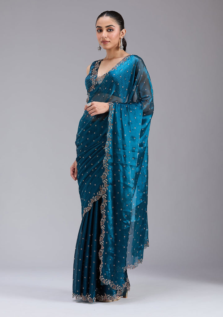 Peacock Blue Stonework (Gold) Tissue Saree_koskii