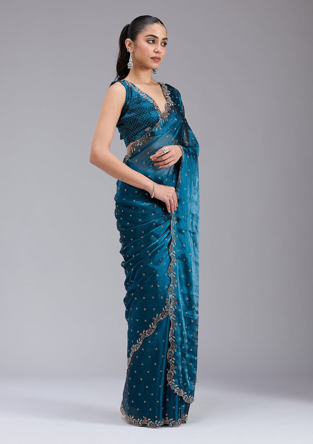 Peacock Blue Stonework (Gold) Tissue Saree_koskii