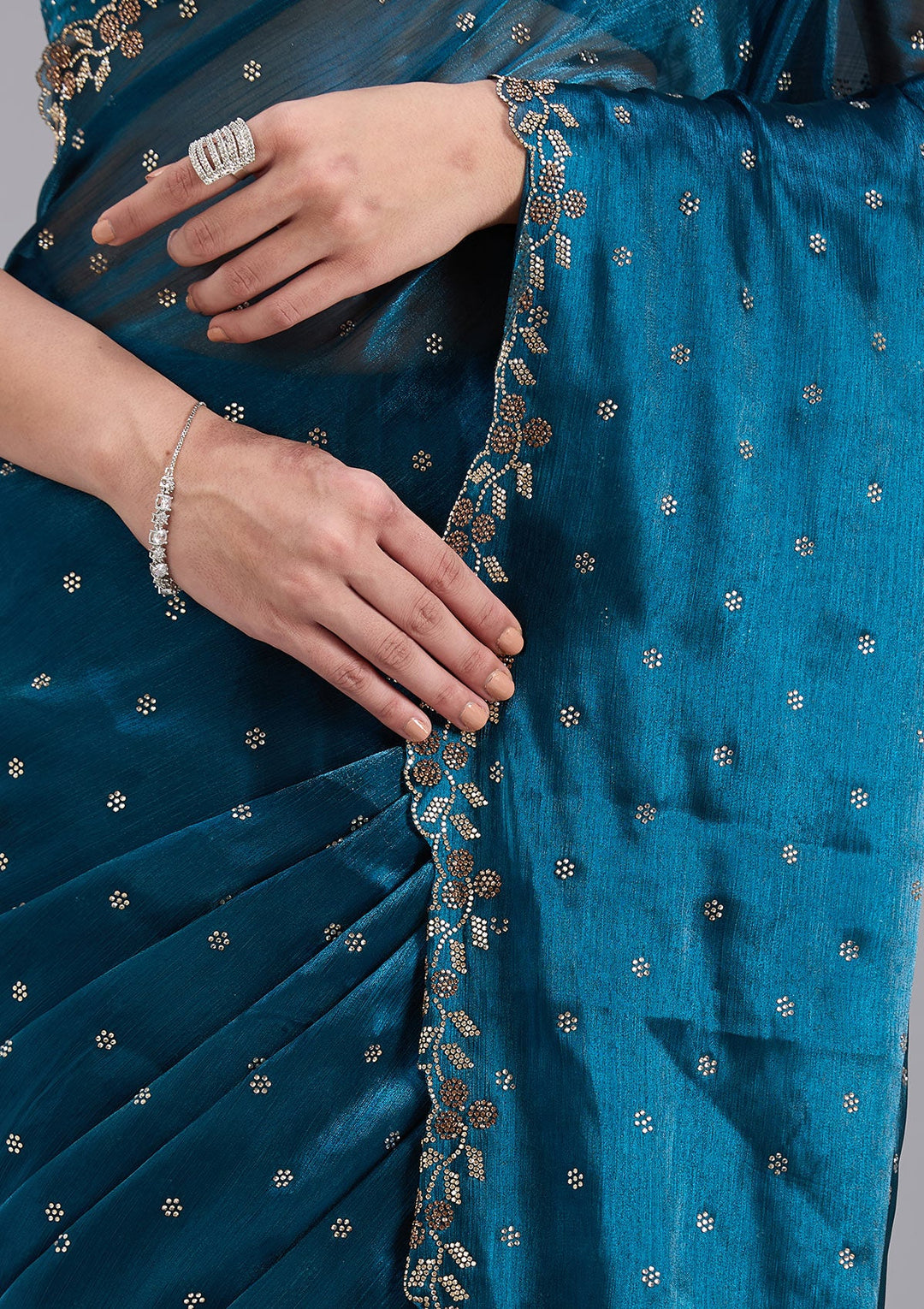 Peacock Blue Stonework (Gold) Tissue Saree_koskii