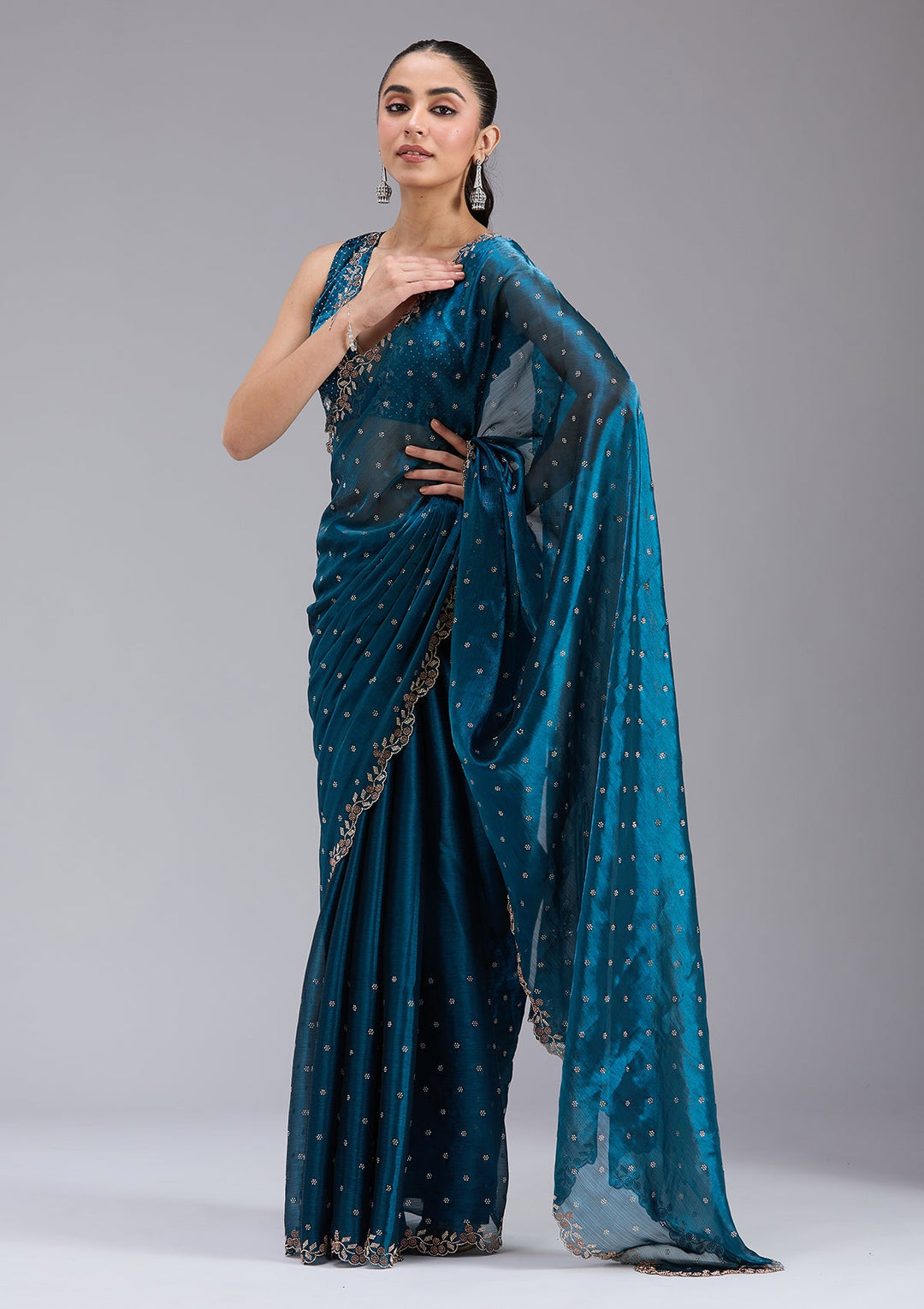 Peacock Blue Stonework (Gold) Tissue Saree_koskii