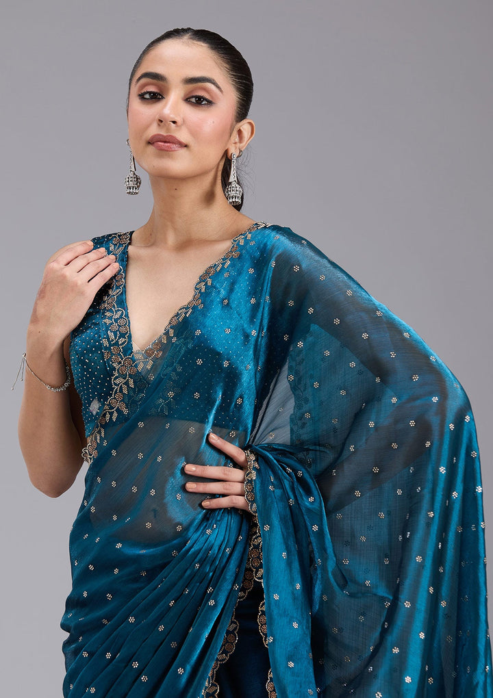 Peacock Blue Stonework (Gold) Tissue Saree_koskii