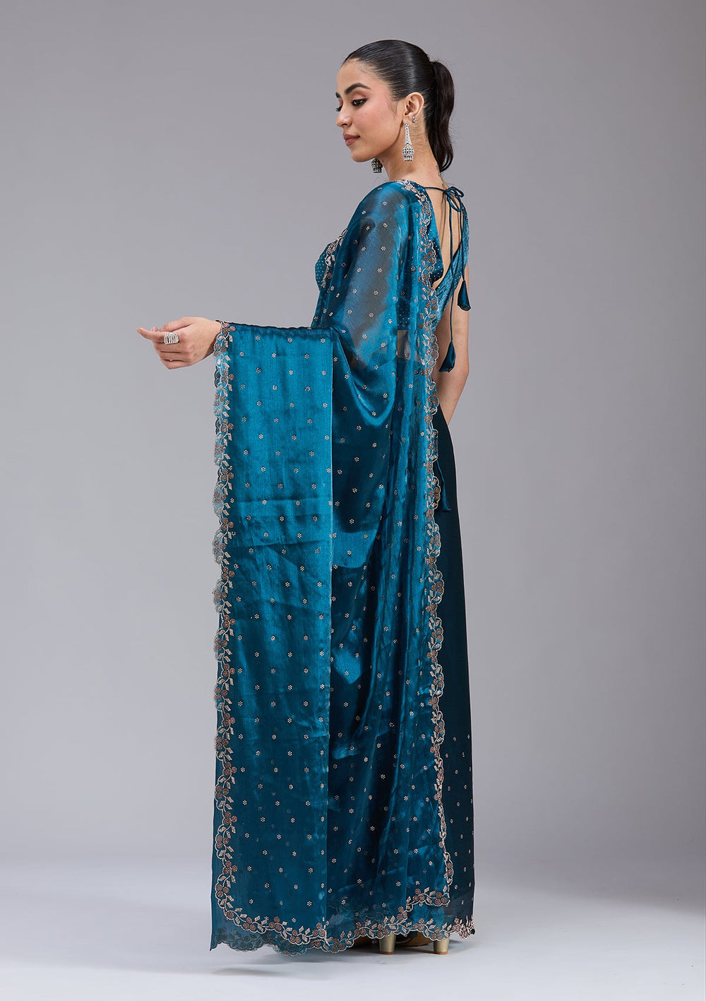 Peacock Blue Stonework (Gold) Tissue Saree_koskii