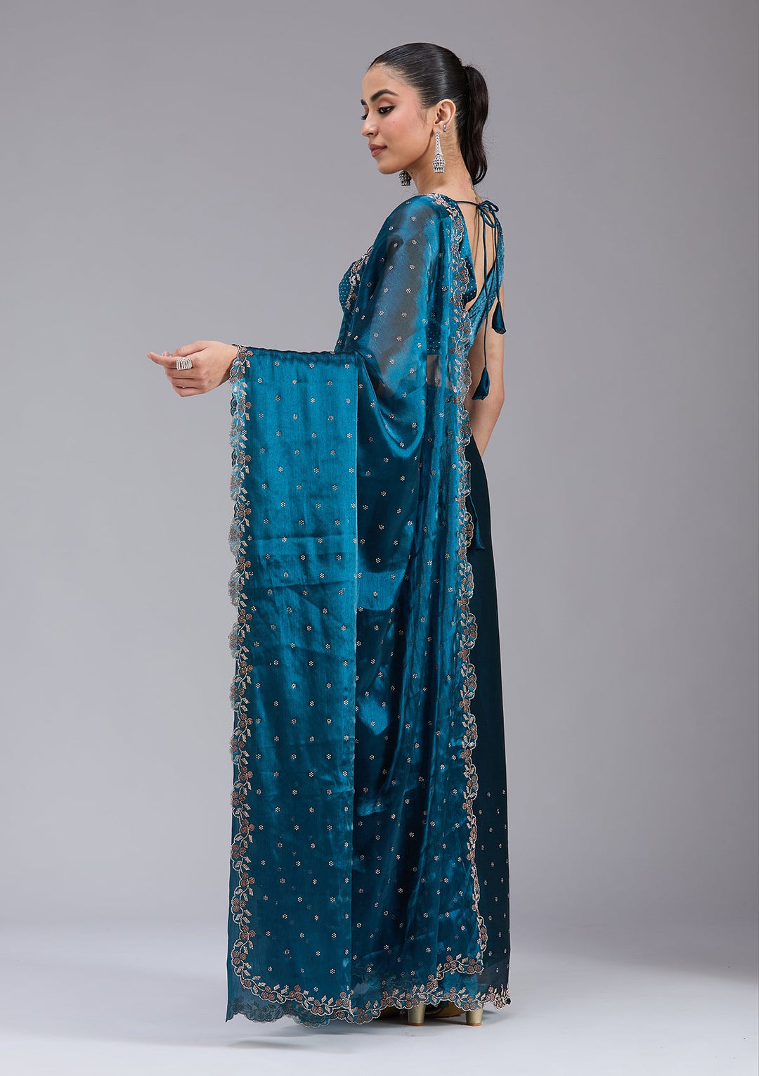Peacock Blue Stonework (Gold) Tissue Saree_koskii