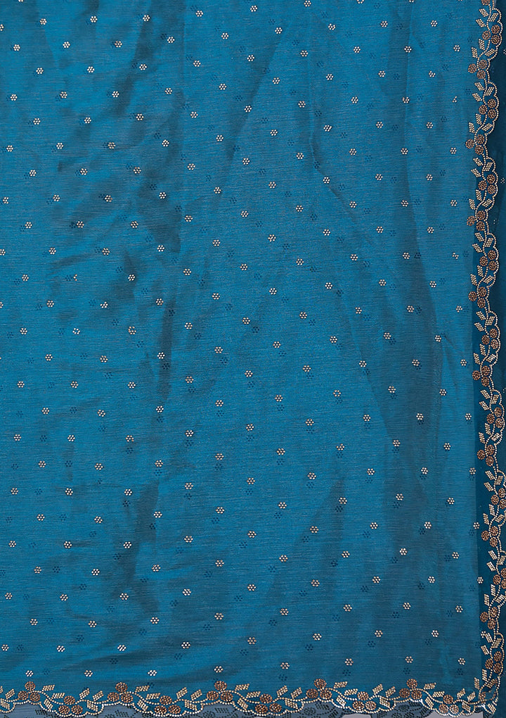 Peacock Blue Stonework (Gold) Tissue Saree_koskii