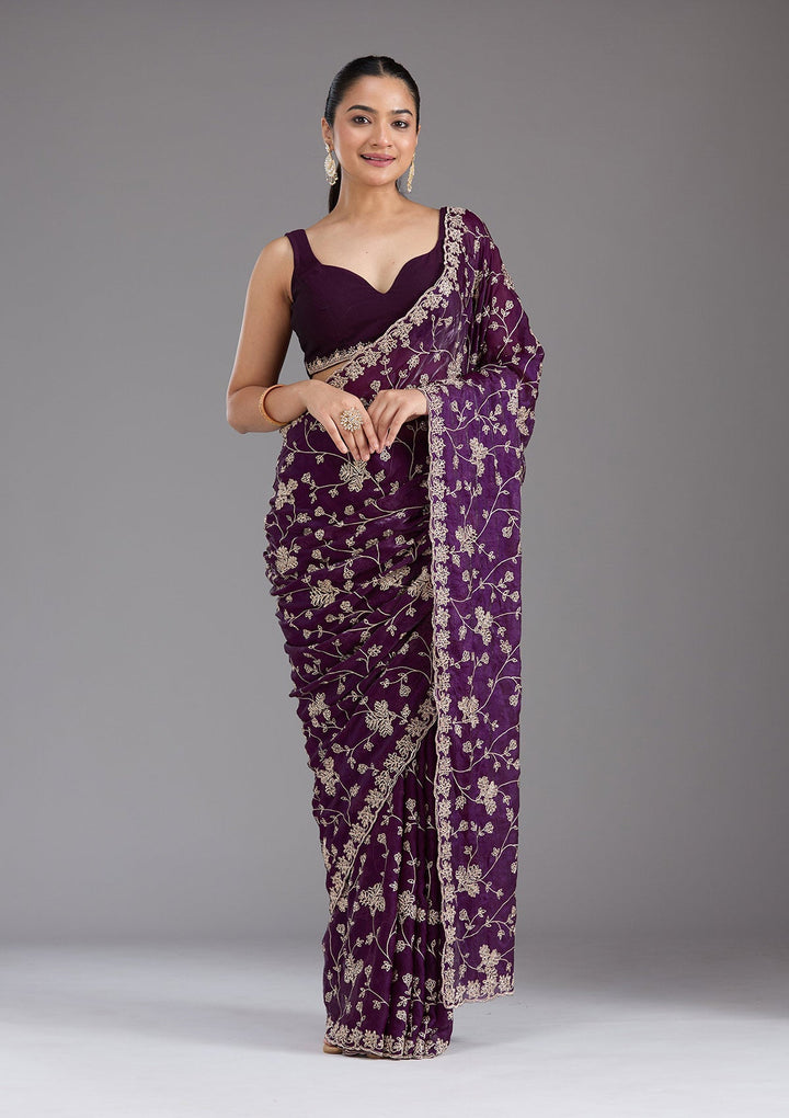 Purple Threadwork Tissue Saree_koskii