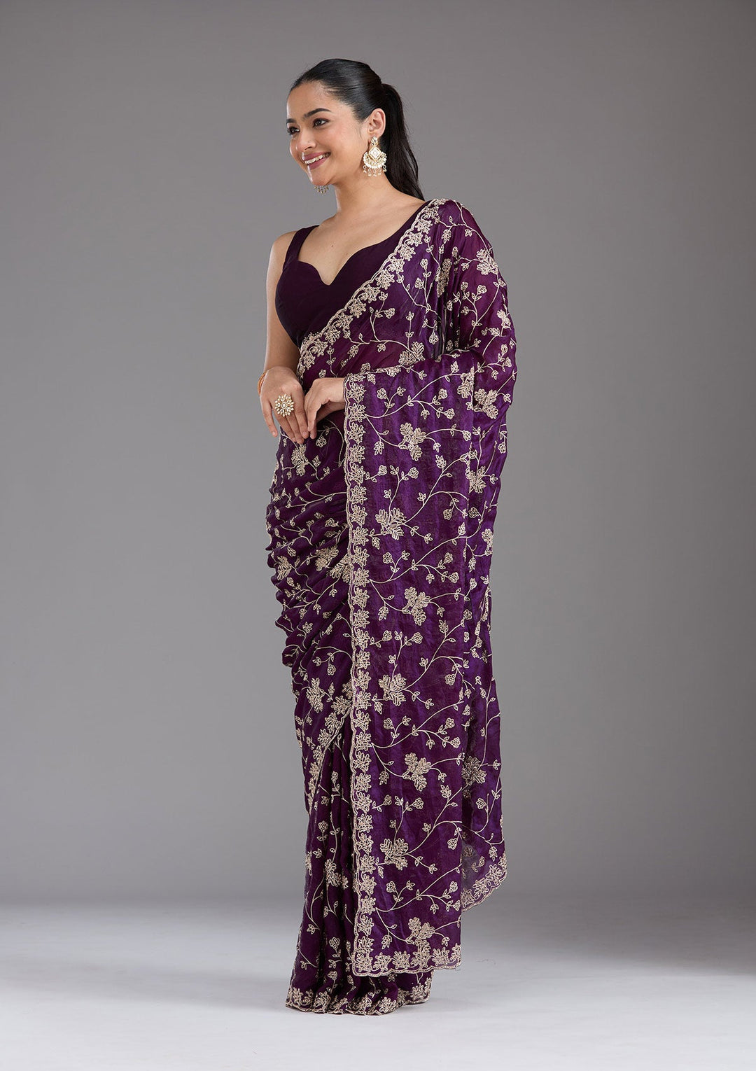 Purple Threadwork Tissue Saree_koskii