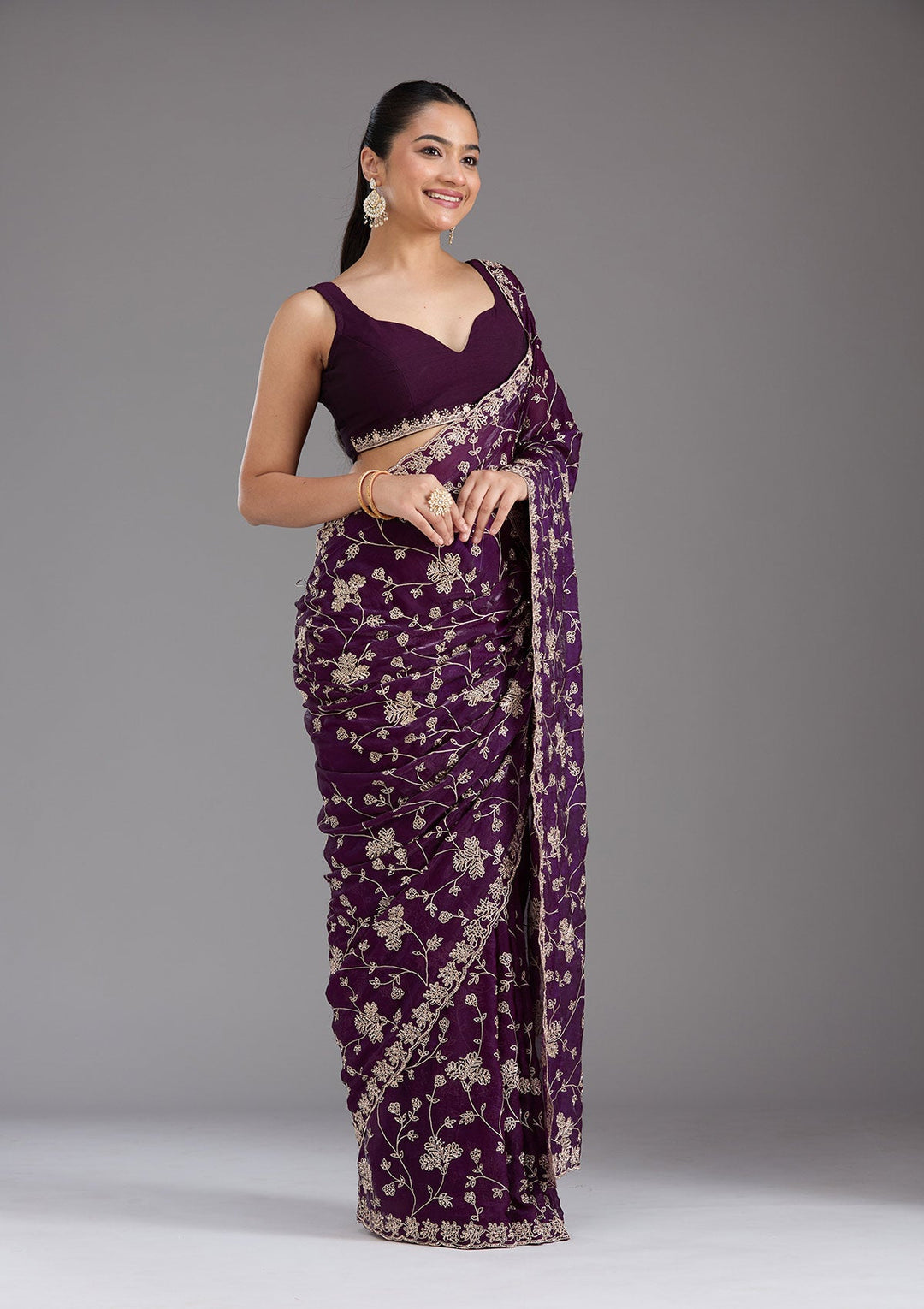Purple Threadwork Tissue Saree_koskii