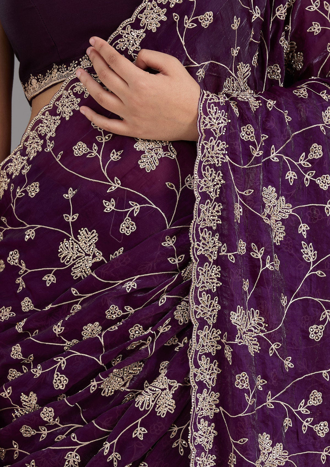 Purple Threadwork Tissue Saree_koskii