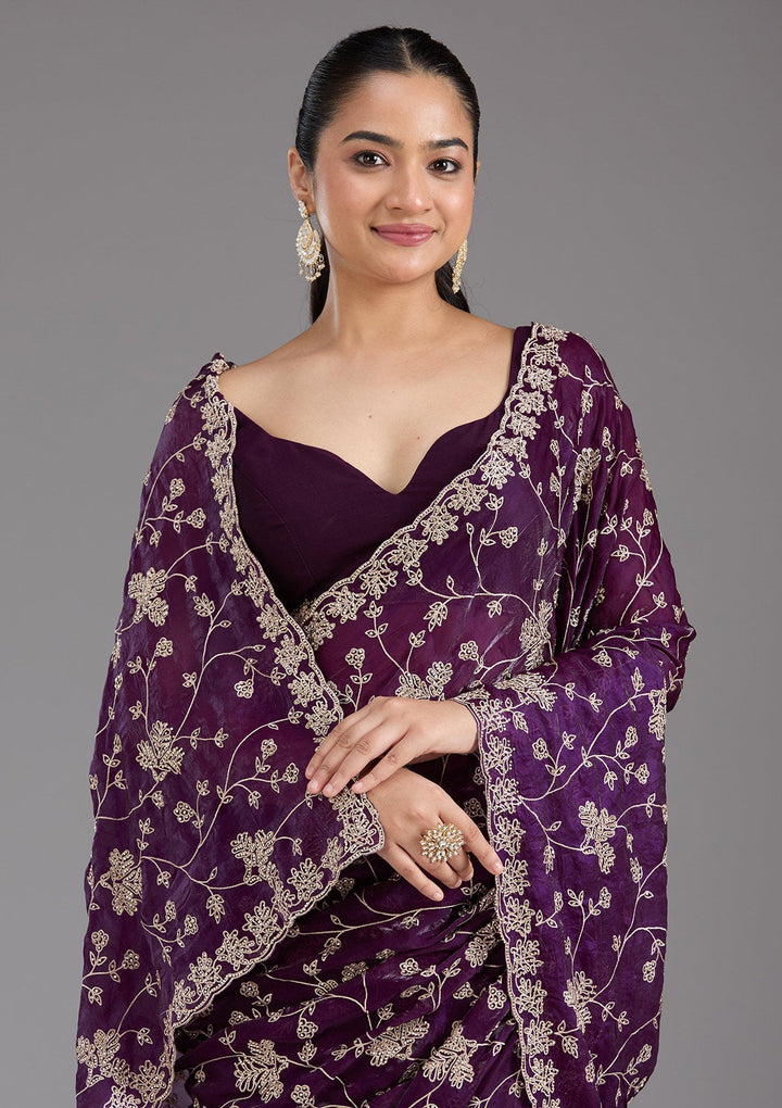Purple Threadwork Tissue Saree_koskii