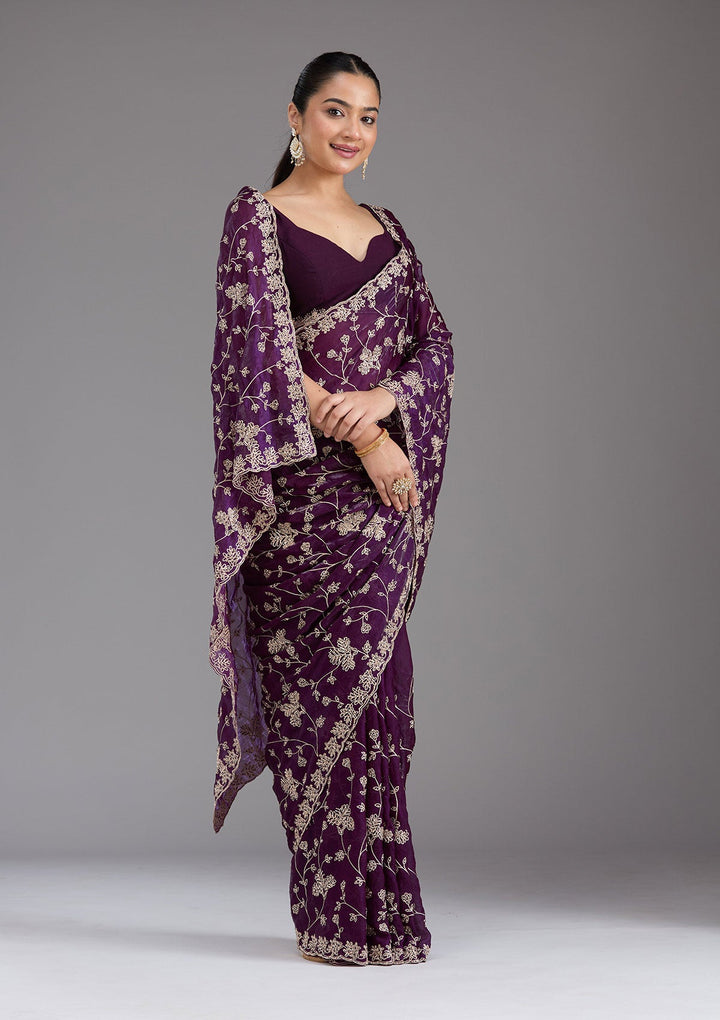 Purple Threadwork Tissue Saree_koskii
