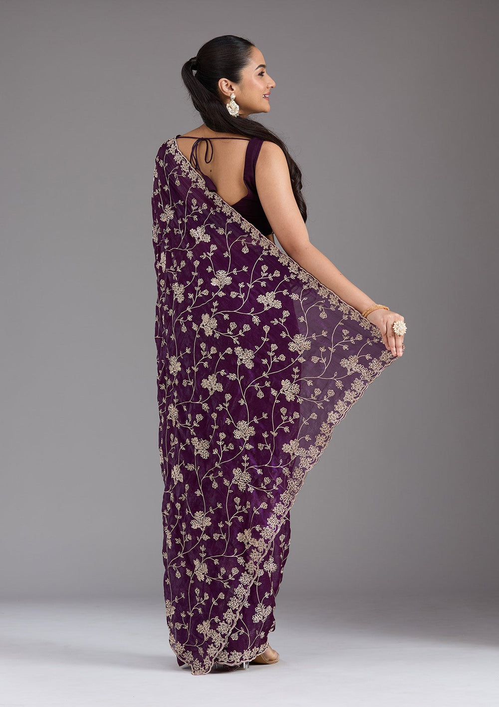 Purple Threadwork Tissue Saree_koskii