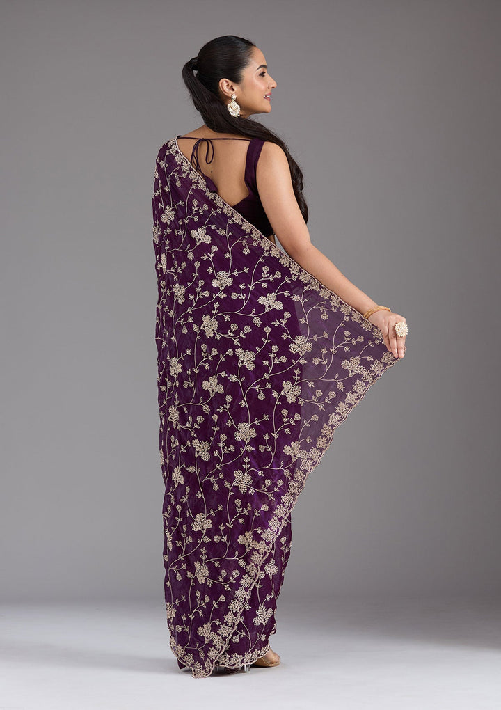 Purple Threadwork Tissue Saree_koskii