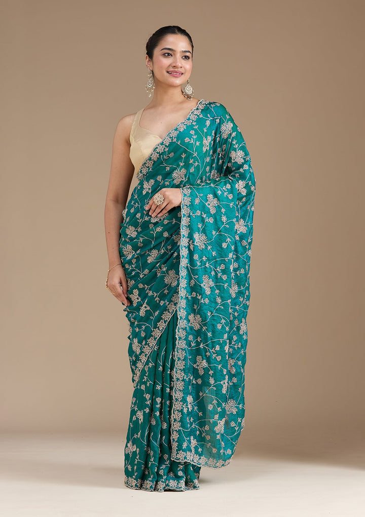 Rama Green Threadwork Tissue Saree_koskii