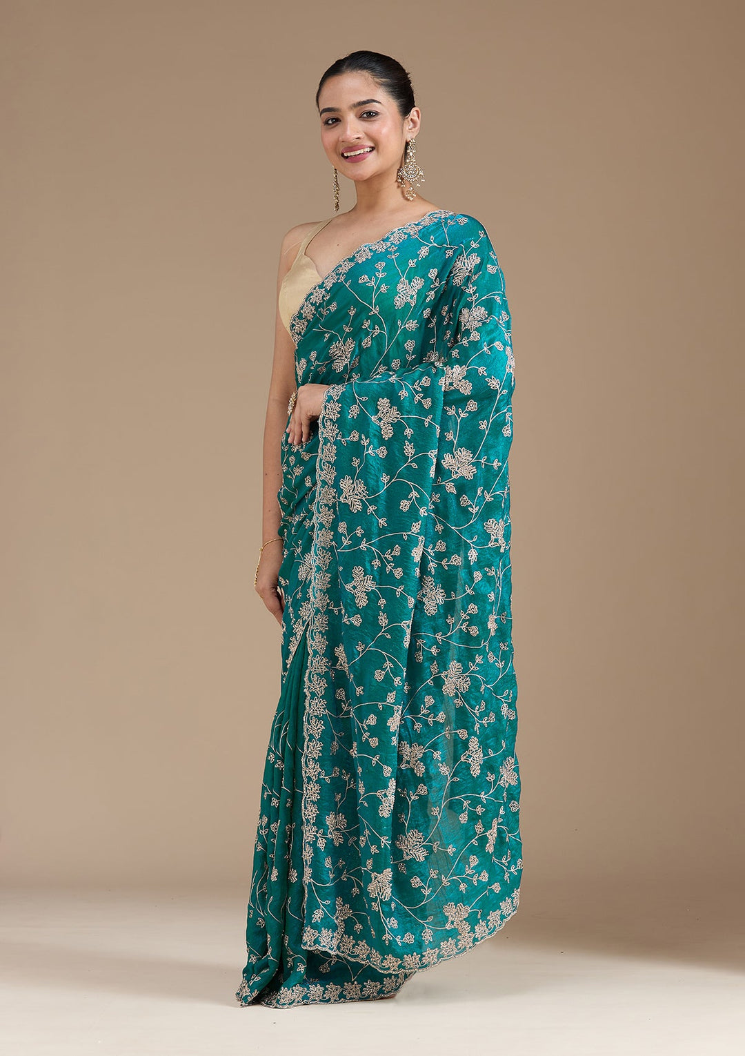 Rama Green Threadwork Tissue Saree_koskii