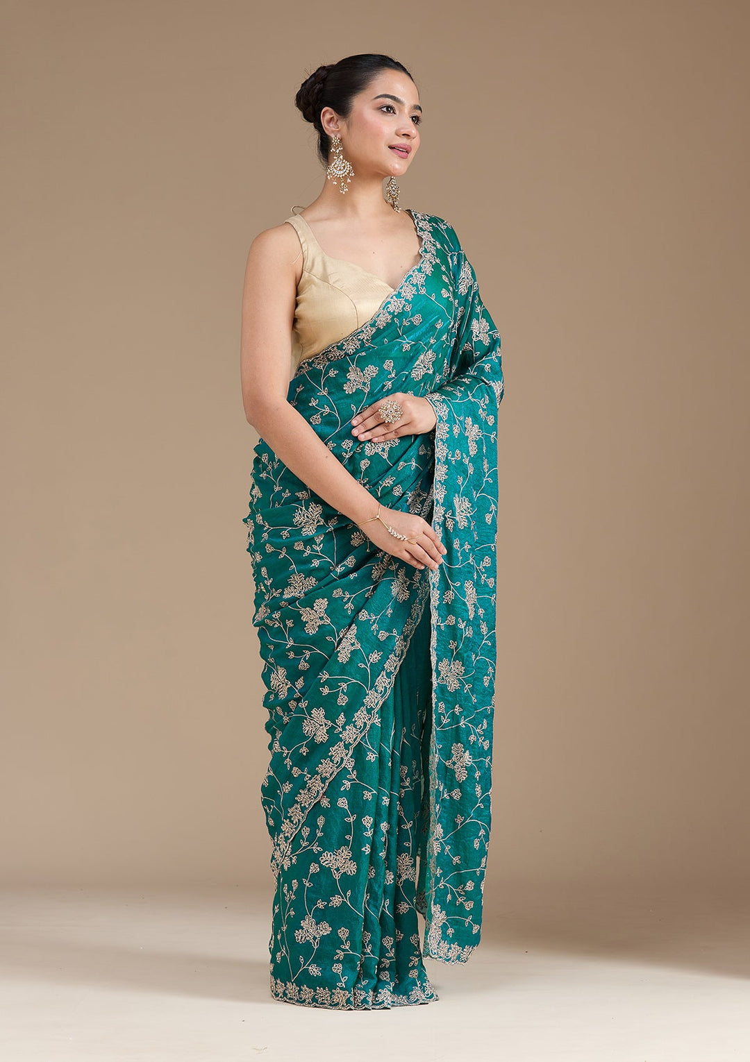 Rama Green Threadwork Tissue Saree_koskii