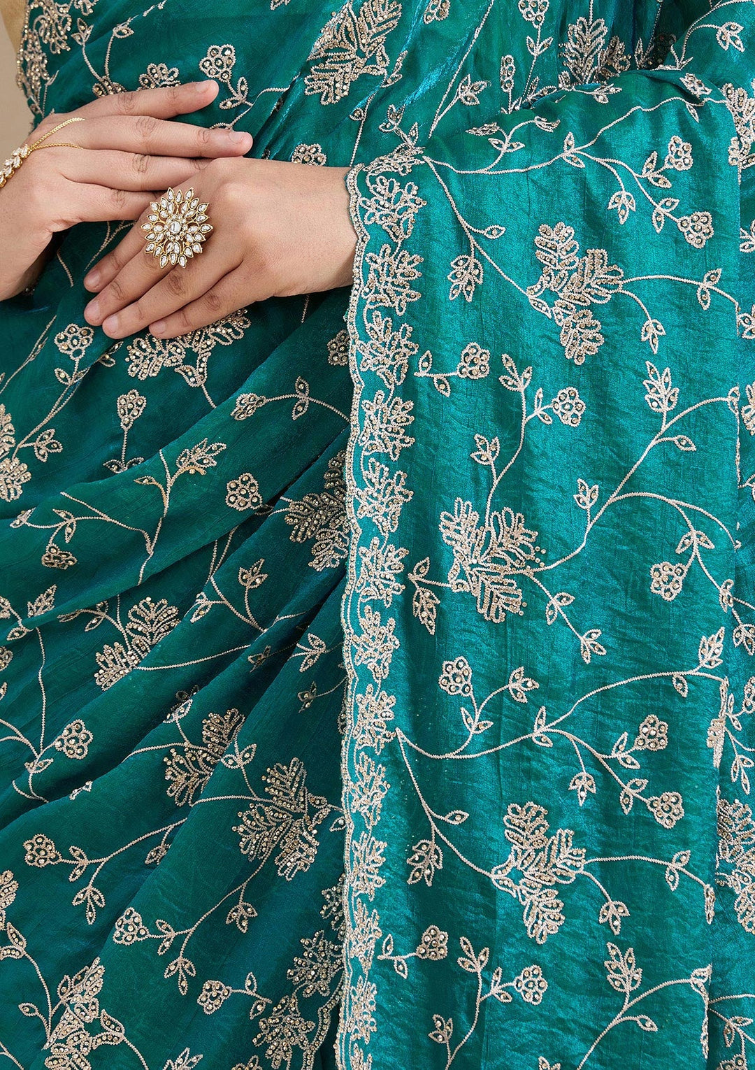 Rama Green Threadwork Tissue Saree_koskii