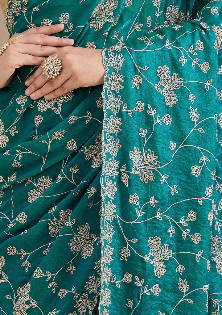 Rama Green Threadwork Tissue Saree_koskii