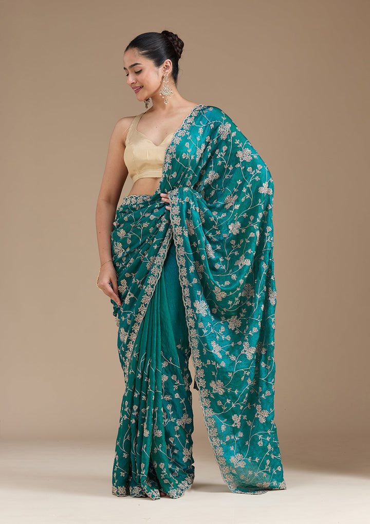 Rama Green Threadwork Tissue Saree_koskii