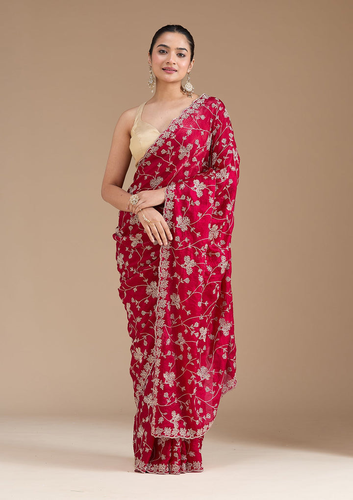 Rani Pink Threadwork Tissue Saree_koskii