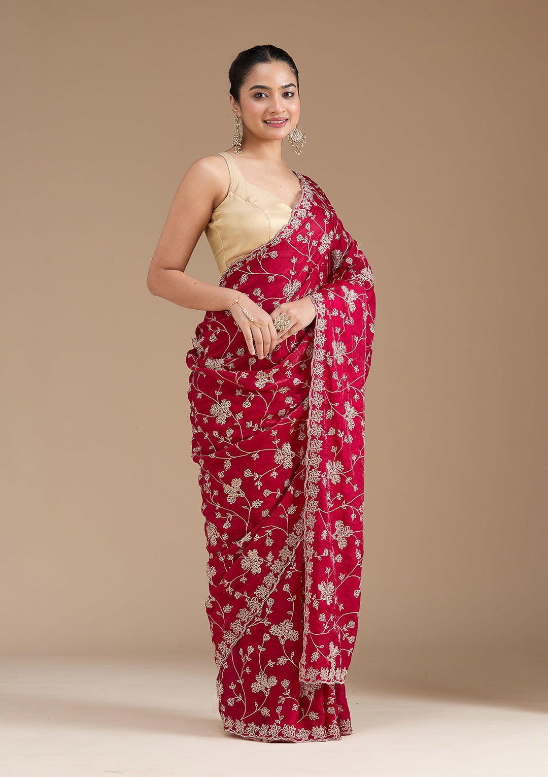 Rani Pink Threadwork Tissue Saree_koskii