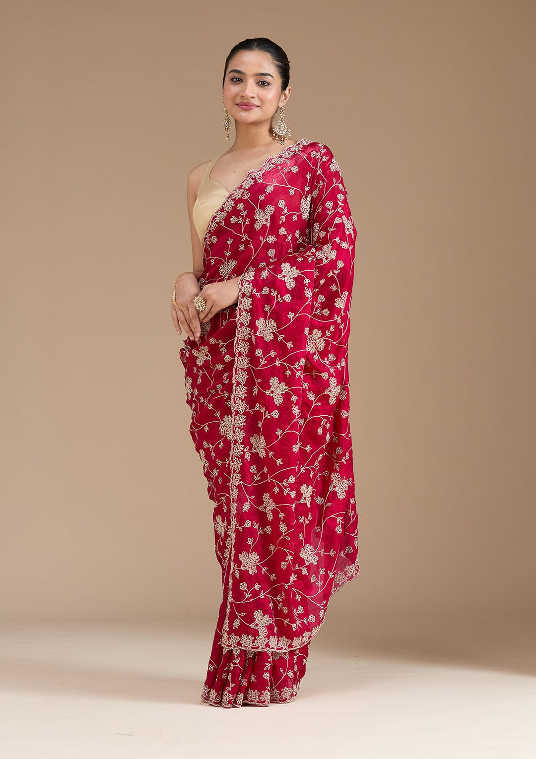Rani Pink Threadwork Tissue Saree_koskii
