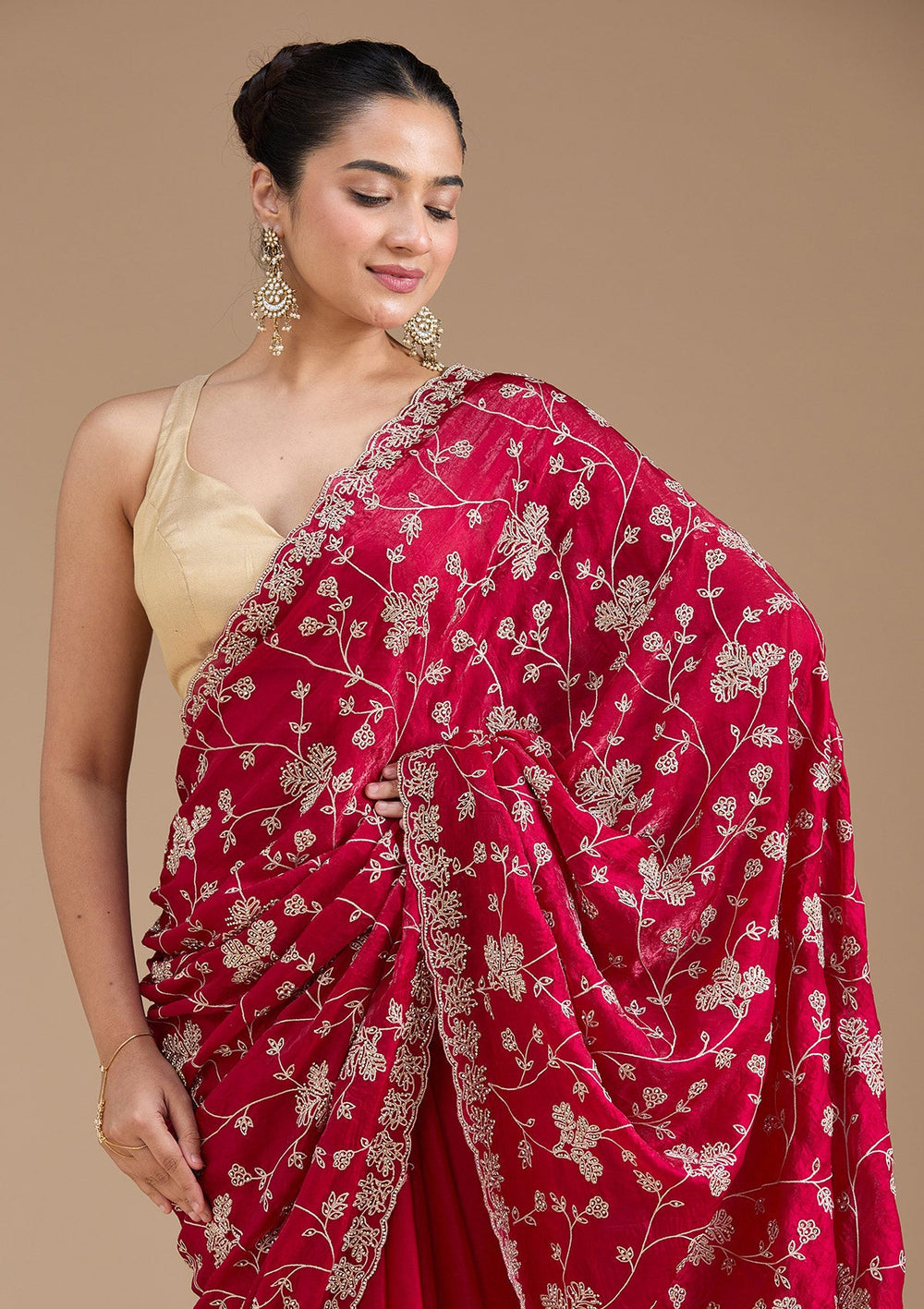 Rani Pink Threadwork Tissue Saree_koskii