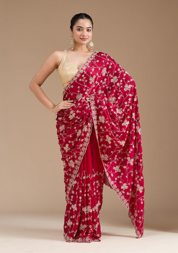 Rani Pink Threadwork Tissue Saree_koskii
