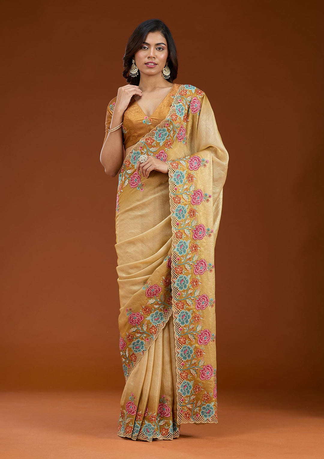 Mustard Threadwork Tissue Saree_koskii