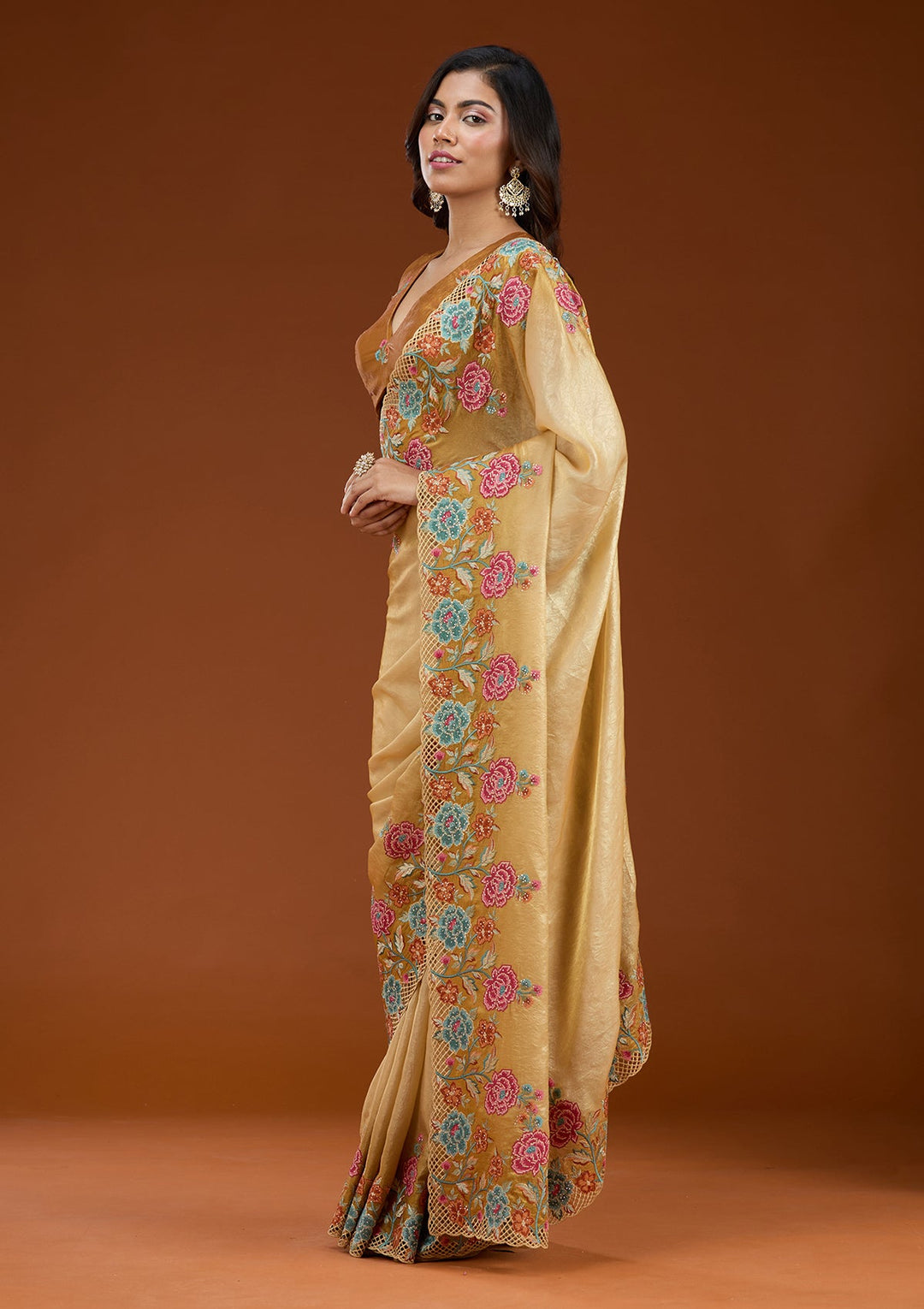 Mustard Threadwork Tissue Saree_koskii