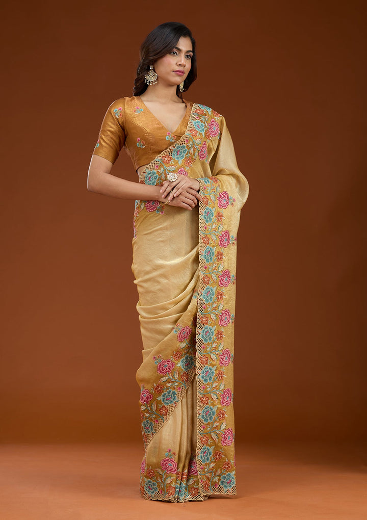 Mustard Threadwork Tissue Saree_koskii