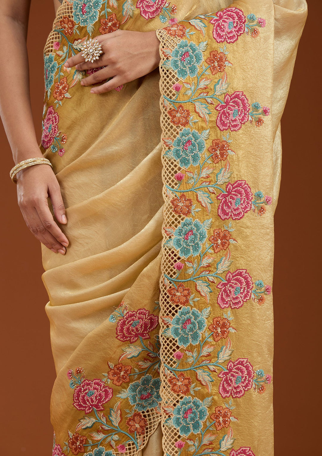 Mustard Threadwork Tissue Saree_koskii